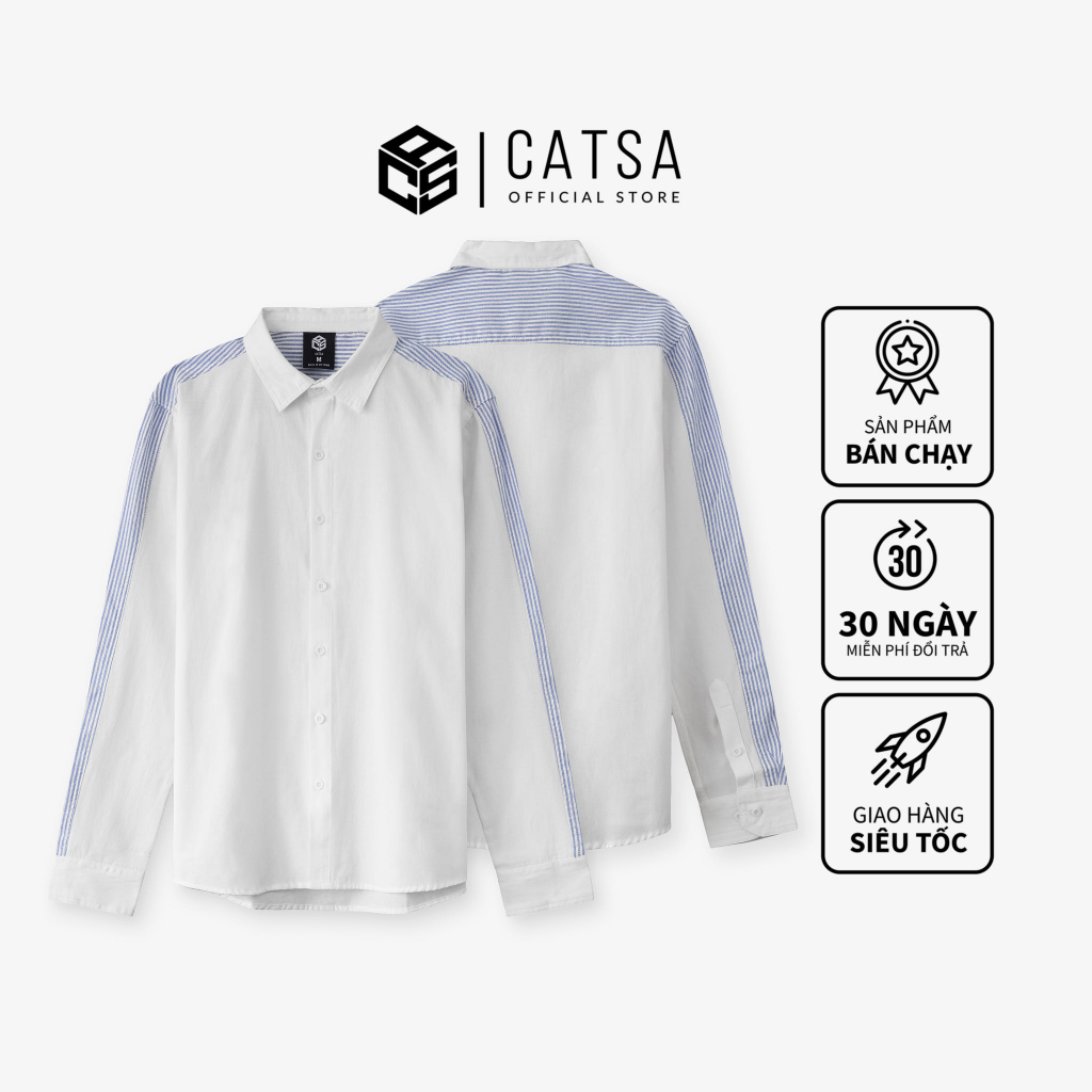 Áo sơ mi Oxford nam CATSA tay dài phối sọc vai form regularfit cao cấp bền màu thoáng khí ASC375
