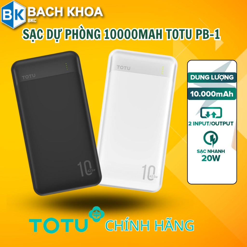 Sạc dự phòng 20000mAh hỗ trợ sạc nhanh PD 20W , sạc dự phòng TOTU 10.000mAh sạc nhanh QC, VOOC 22.5W, sạc dự phòng T