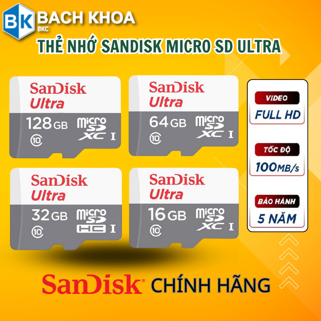 Thẻ nhớ SanDisk Ultra 32GB/64GB/128G tốc độ cao 100mb/s,chuẩn Micro SD cho camera,điện thoại-Thẻ nhớ Sandisk chính hãng