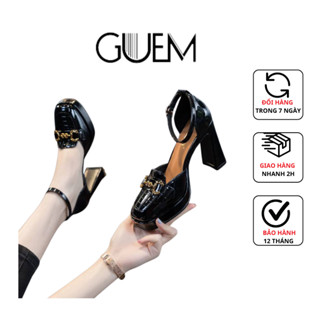 Giày Cao Gót Nữ 10cm Mũi Vuông Đế Vuông Da Bóng Quai Ngang Đế Đúp Gót A26