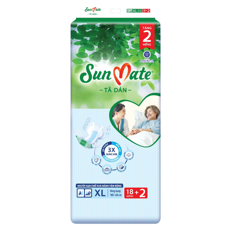 Tã dán người lớn SunMate mới size M18/L18/XL18 + 2 miếng