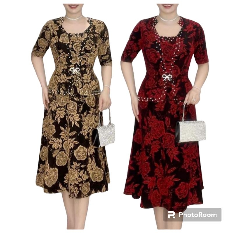 Đầm dự tiệc trung niên dáng vest giấu bụng vải kim tuyến nhũ kim sa co giãn bigsize, Váy trung niên cho mẹ dự tiệc