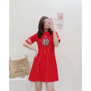 ĐẦM ĐỎ GẤM SỌC TAY NGẮN CỔ TRỤ DÁNG CHỮ A -  Hình Shop Chụp Thật