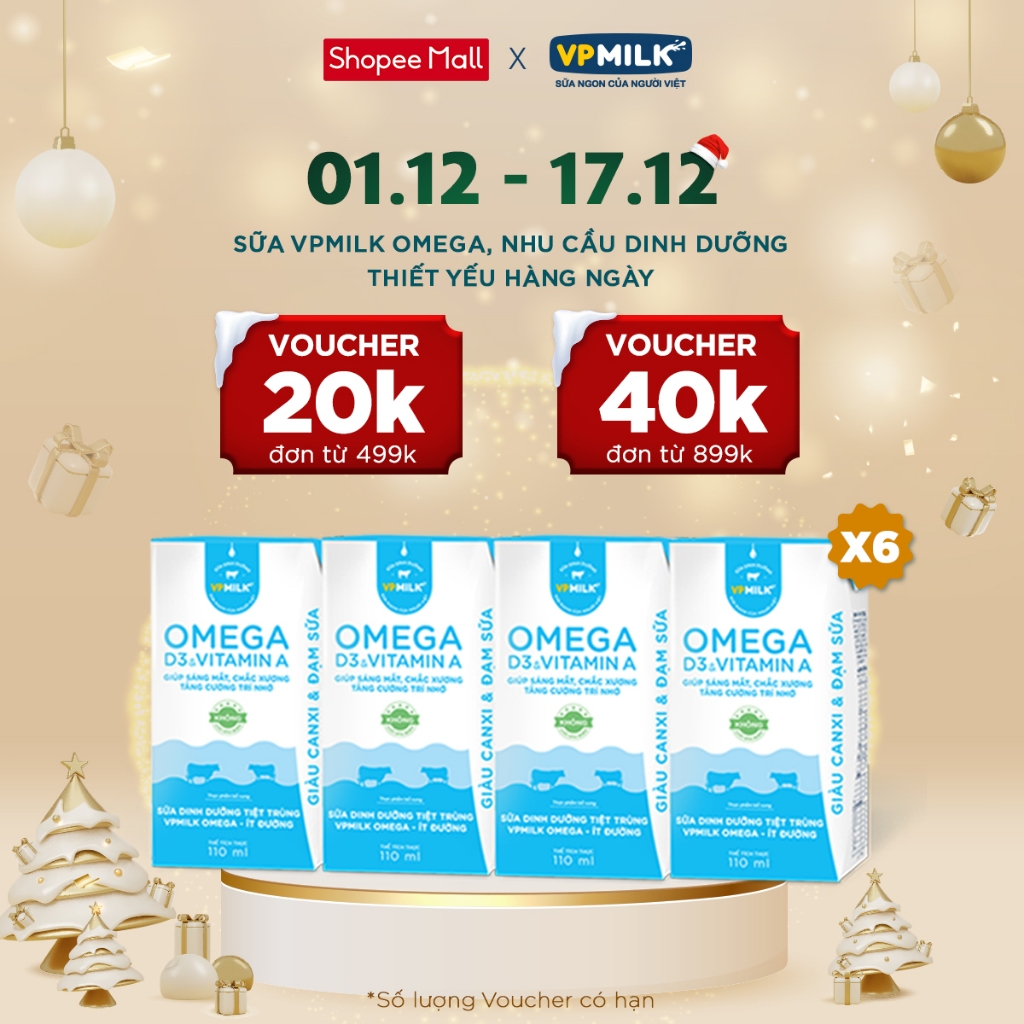  Sữa Dinh Dưỡng Tiệt Trùng VPMilk Omega Ít Đường dạng hộp cho bé 110ml 