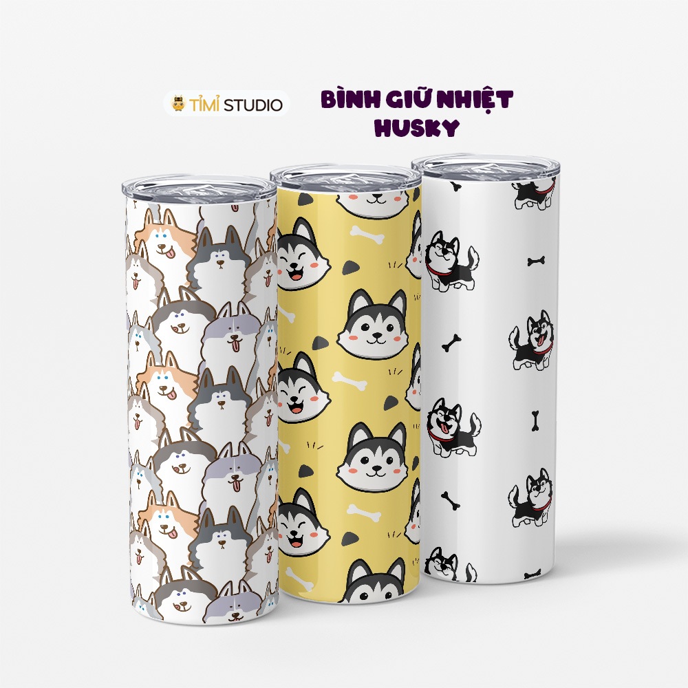Bình Giữ Nhiệt Hình Chó Husky - 600ml - Inox 304 - Tặng Túi Đựng + Ống Hút Inox - Tỉ Mỉ Studio