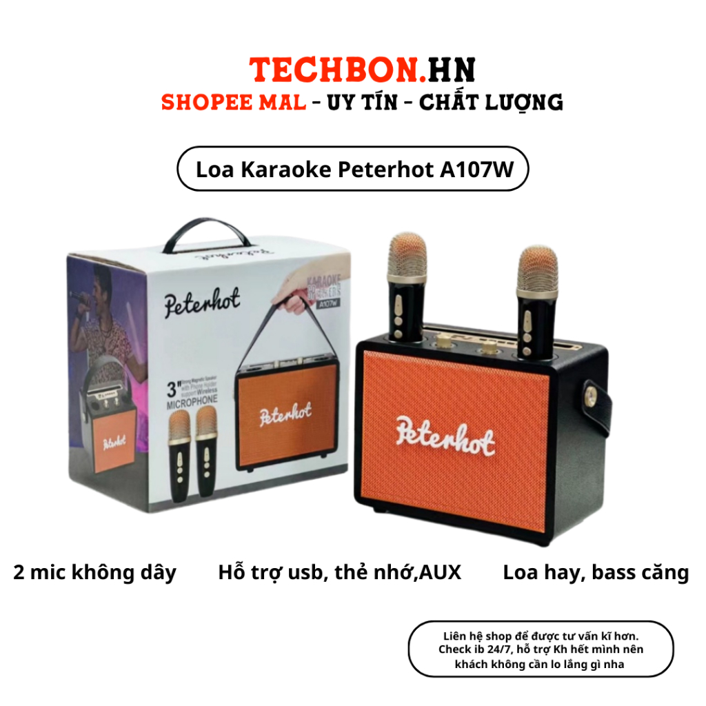 Loa Karaoke Bluetooth Peterhot A107W phiên bản mới độc đáo 2023 không dây âm thanh đỉnh tặng kèm 2 mic TT88 TECHHIGH