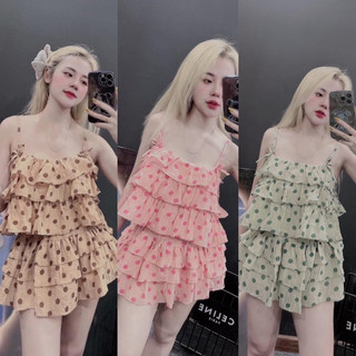 Set bộ đồ nữ chất đũi áo dây 4 tầng chấm bi + quần short đùi