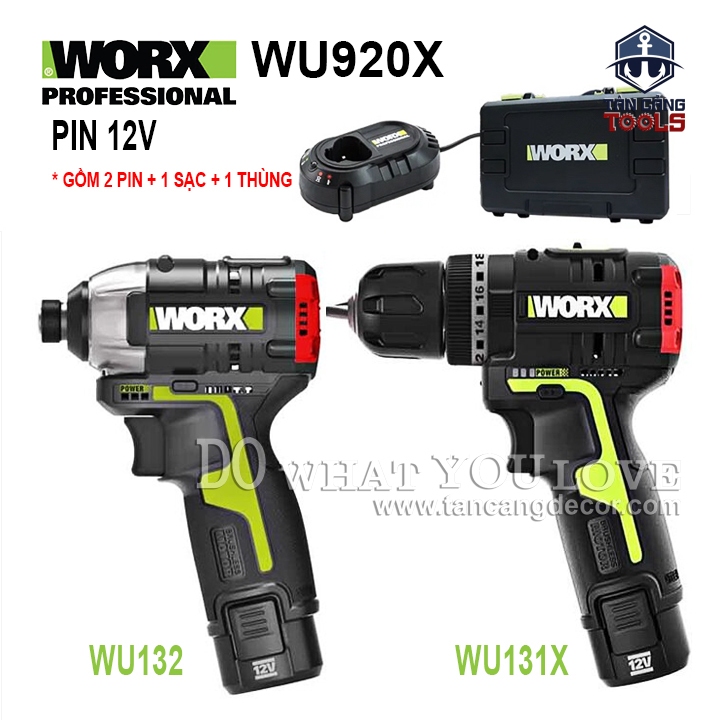 Combo Máy Vặn Vít, Máy Khoan Dùng Pin 12V Worx WU920X ( 2 Thân Máy, 2 Pin 2.0Ah, 1 Sạc, 1 Thùng )