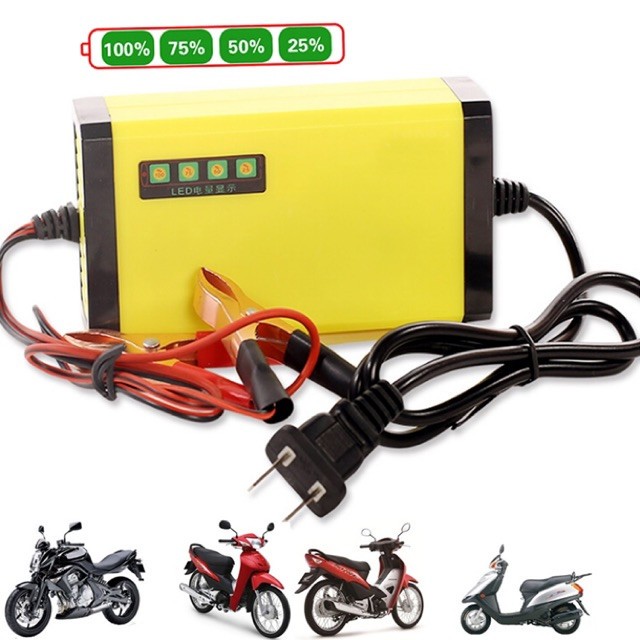 Bộ Sạc Ắc Quy Tự Động Ngắt 12V 2Ah-20Ah Sạc acquy Xe Máy, Xe Ôtô, Có Đèn Led Báo Đầy.