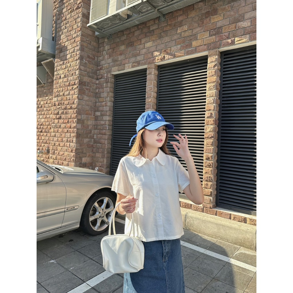 Áo sơ mi dáng croptop tay ngắn phối cổ bèo vải linen cao cấp Camila Shirt - Sibling House