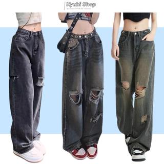 Quần jeans Nữ Lưng Cao Ống Rộng Rách Gối YOYO Thời Trang Hàn Quốc - Jeans suông mài rách Retro KYUBI