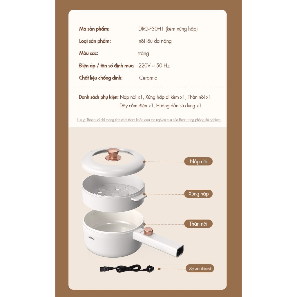 Nồi điện đa năng Bear DRG-F30H1   - Hàng chính hãng - Bảo hành 18 tháng