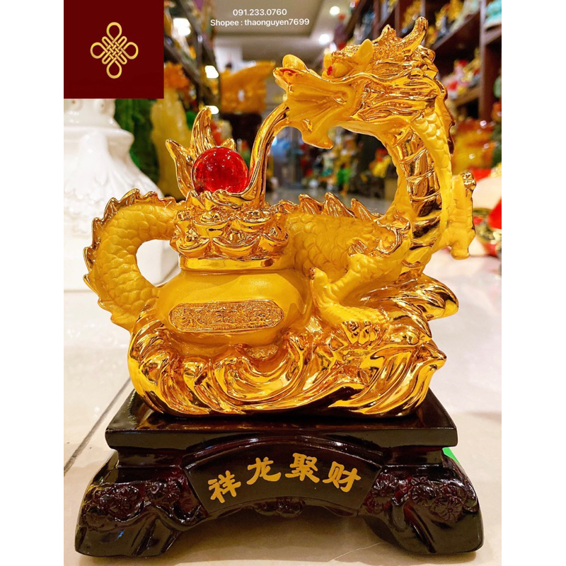 Tượng rồng phong thuỷ bên hũ lư màu vàng kim sa (cao 20, dài 18, rộng 10)