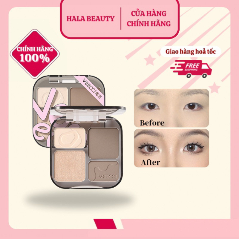 VEECCI - Bảng Tạo Khối Bắt Sáng Tích Hợp Má Hồng VEECCI 4 Màu Tự Nhiên Lâu Trôi Chống Nước Phấn Siêu Mịn