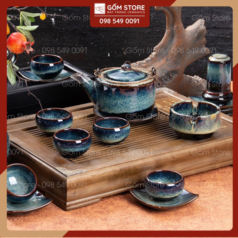 Bộ Ấm Chén Uống Trà, Ấm Chén Men Hoả Biến Gốm Bát Tràng Cao Cấp