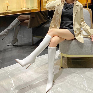 Boot Đùi Nữ Da Mờ Gót Nhọn 8 Phân Bốt Lửng Khóa Sau Lót Lông cổ V  đính chữ H cách điệu gót vuông (Fullbox Sẵn Hàng)