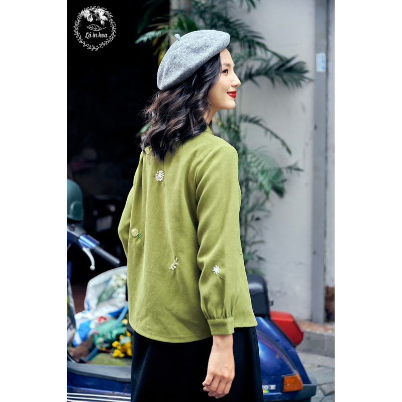 Set Áo Nhung Thêu Tay Xanh Cốm Mix Chân Váy Nhung Đen Thiết Kế Lá In Hoa  38-74kg