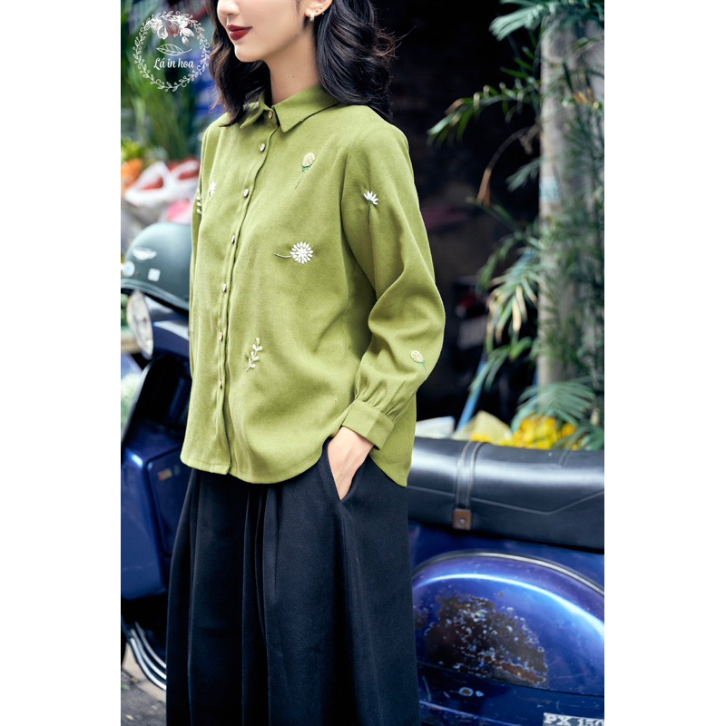 Set Áo Nhung Thêu Tay Xanh Cốm Mix Chân Váy Nhung Đen Thiết Kế Lá In Hoa  38-74kg