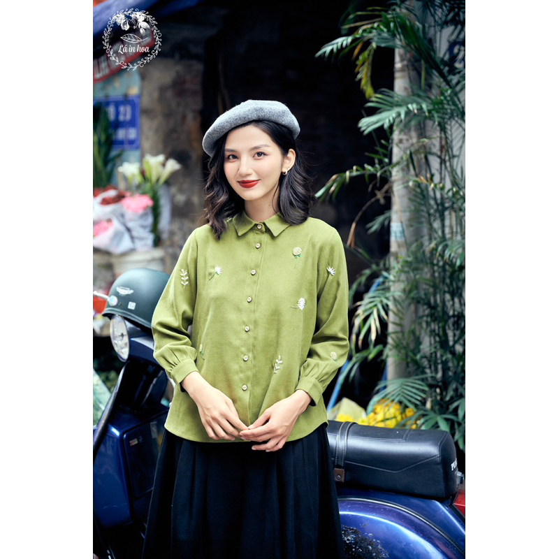 Set Áo Nhung Thêu Tay Xanh Cốm Mix Chân Váy Nhung Đen Thiết Kế Lá In Hoa  38-74kg