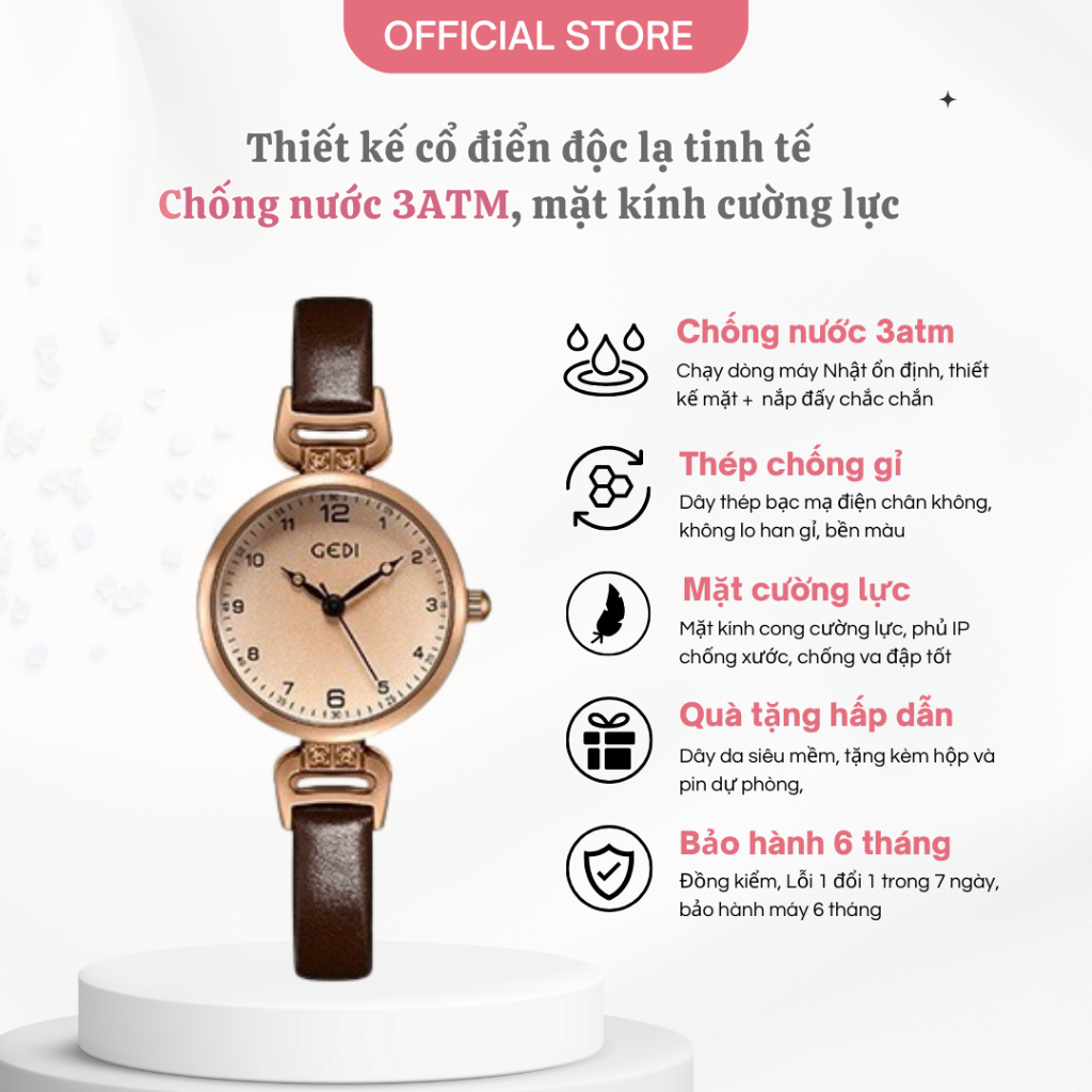 Đồng Hồ Đeo Tay GEDI Nữ Chính hãng, Mặt Vàng Đồng, Dây da Cao cấp, Phong Cách RETRO - GEDI 3801