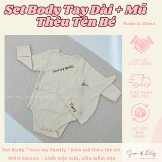 Set body tay dài kèm mũ thêu tên bé