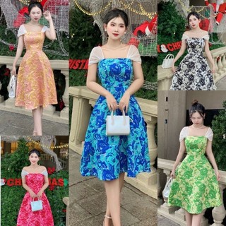 Đầm Xòe gấm hoa hồng phối tơ ánh kim cao cấp-TKO TẶNG HOA TAI THỜI TRANG