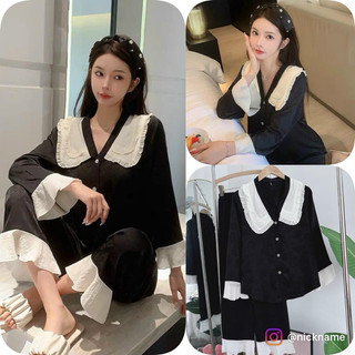 Pijama lụa gấm Quảng Châu cao cấp tay dài cổ trắng
