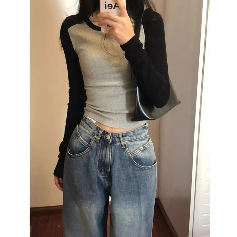 Áo thun dài tay croptop trơn phối raglan tăm gân, áo dài tay thu đông nữ cổ tròn basic