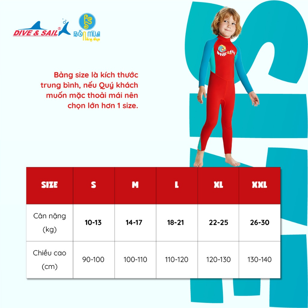 Đồ bơi bé trai, hiệu Dive and Sail tay dài quần dài ngăn tia UV bảo vệ da bé chất liệu vải UPF50+ mềm mại chống nắng