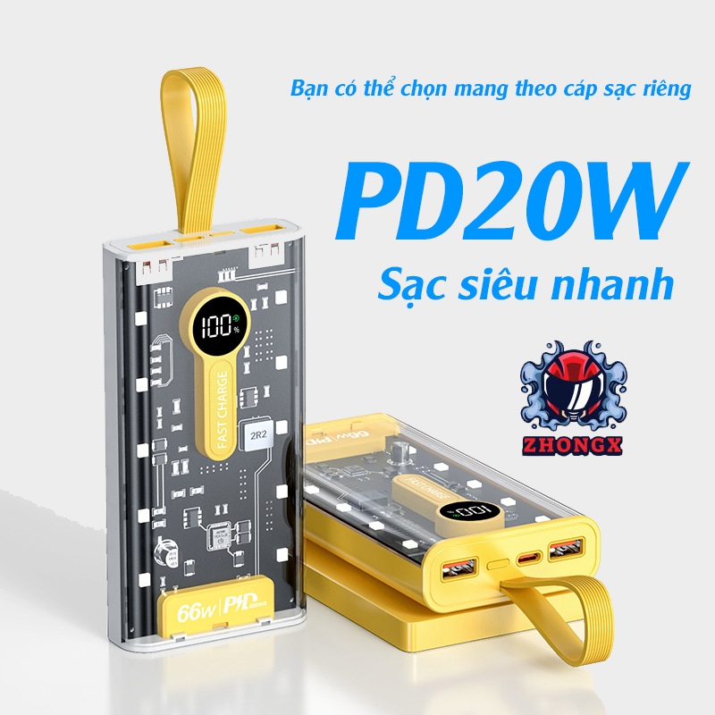 Sạc Dự Phòng 20000mAh Với 2 Cổng Sạc Nhanh 22.5w và PD 20W Tích Hợp 4 Dây Sạc 66W Sạc nhanh