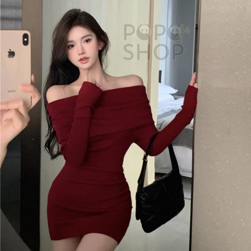 Váy thun body dài tay, váy hở vai điệu đà nữ tính siêu tôn dáng