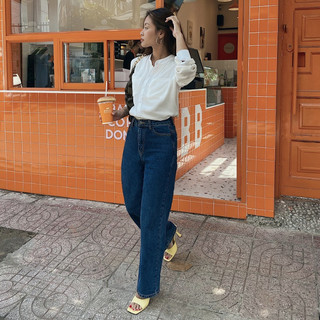  Quần Ống Suông Rộng Loose Jeans Dark Blue Và Áo Sơ Mi Cổ Trụ Trắng Long Sleeves, Tặng Túi Tote