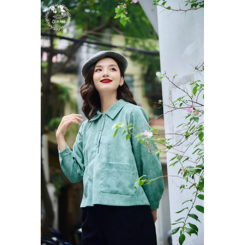 Set Áo Nhung Xanh Mix Quần Nhung Đen Thiết Kế Lá In Hoa  38-74kg