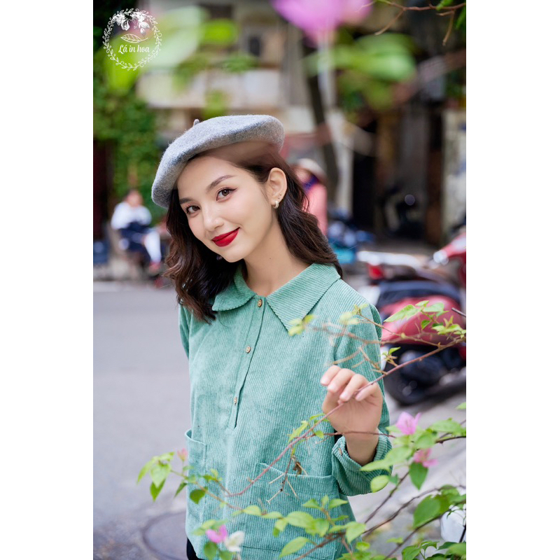 Set Áo Nhung Xanh Mix Quần Nhung Đen Thiết Kế Lá In Hoa  38-74kg