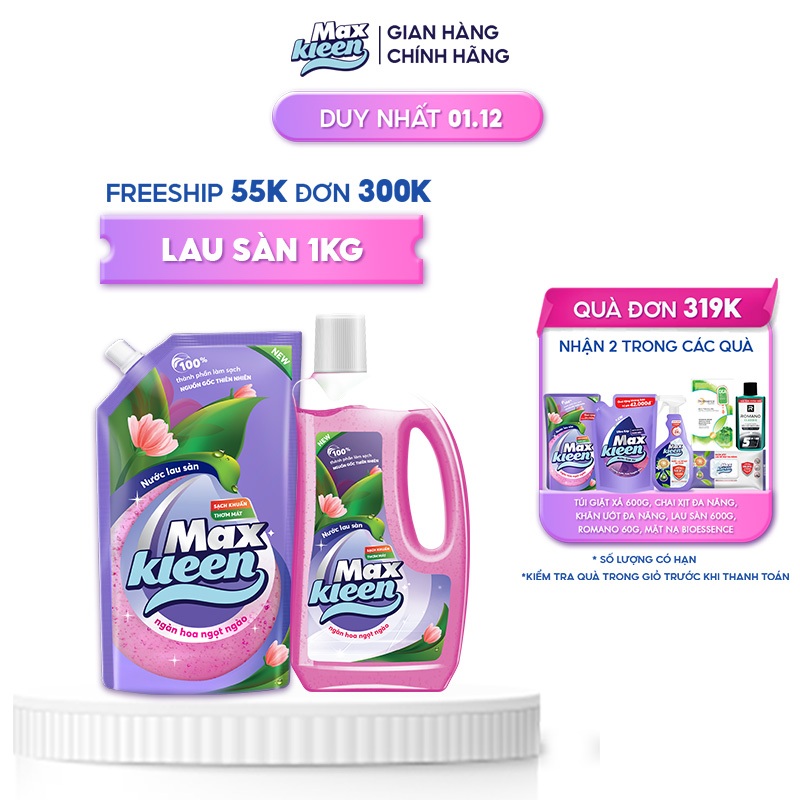 Combo Nước Lau Sàn MaxKleen Hương Ngàn Hoa Ngọt Ngào: Chai 1kg + Túi 1kg