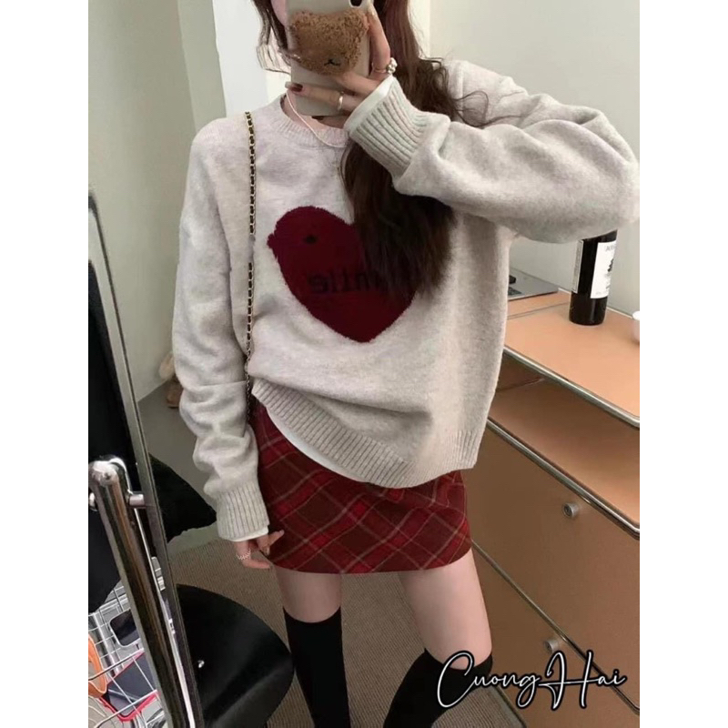 Áo len tim Smile qc dáng rộng