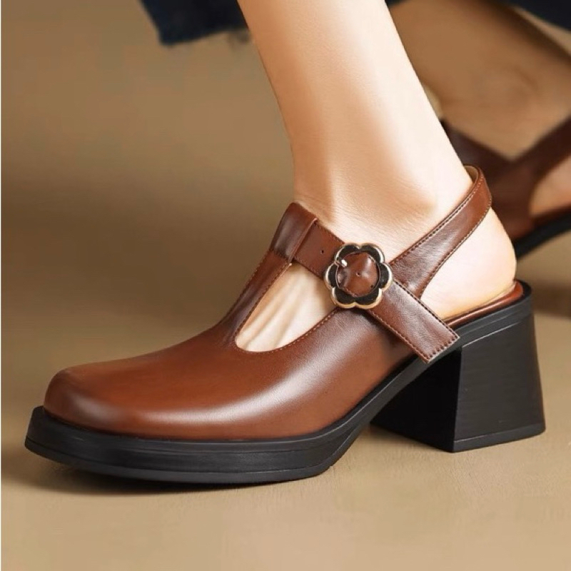ORDER 💜 Giày bít mũi da bò trơn đơn giản gót vuông 6,5cm 34-39