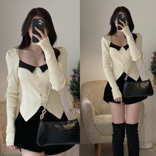 Áo len dài tay nữ , áo len nữ dáng ngắn cổ V vạt chéo dáng croptop màu kem màu đen vải len QCCC Loại 1 ulzzang Larosa