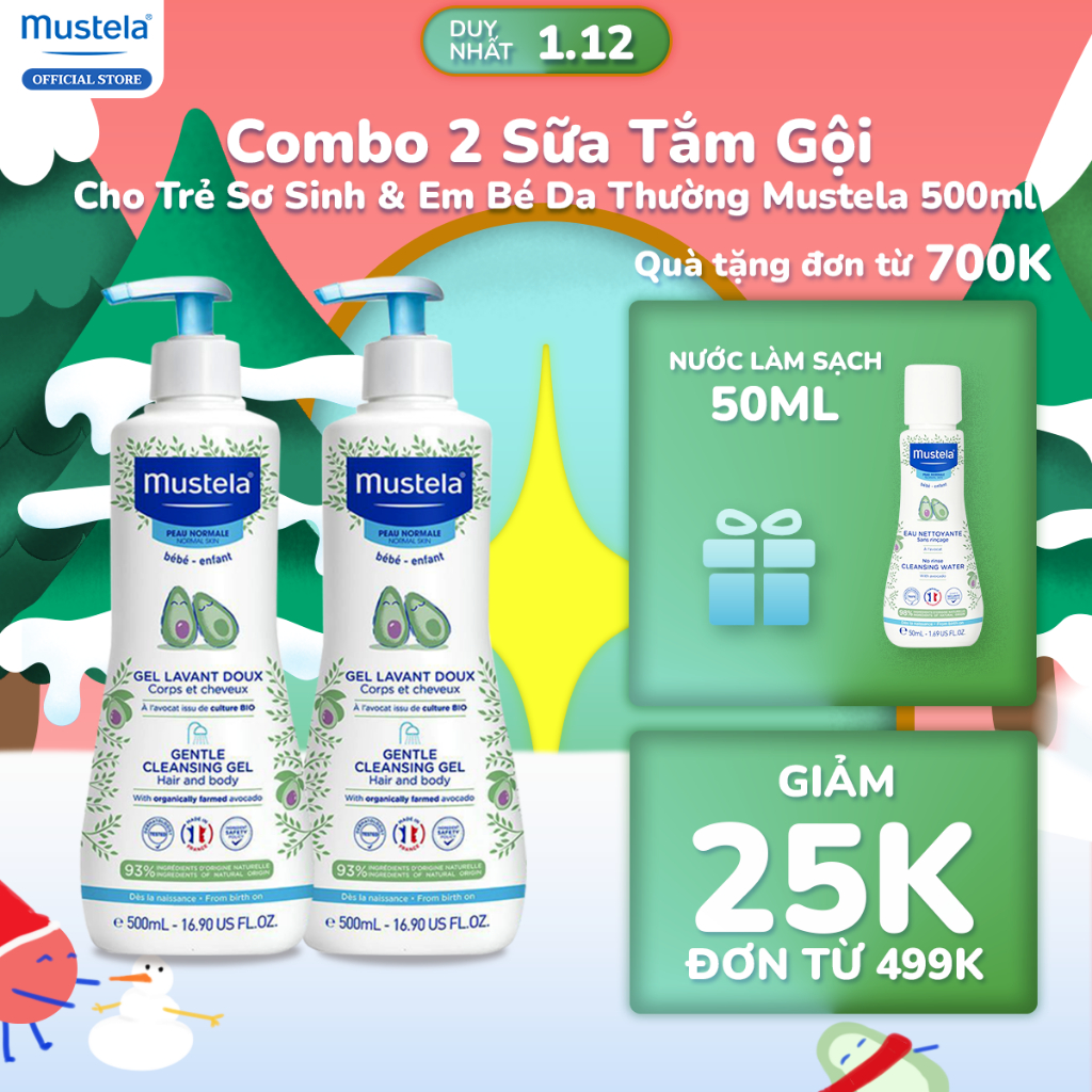 Combo 2 Sữa Tắm Gội Cho Trẻ Sơ Sinh & Em Bé Da Thường Mustela 500ml (tặng bộ 4 kem dưỡng10ml )