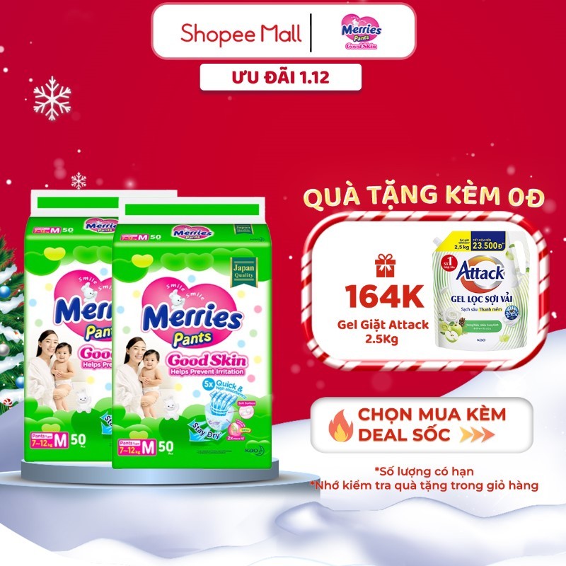 Combo 2 Tã quần Merries Goodskin đủ size M50/L44/XL38/XXL28