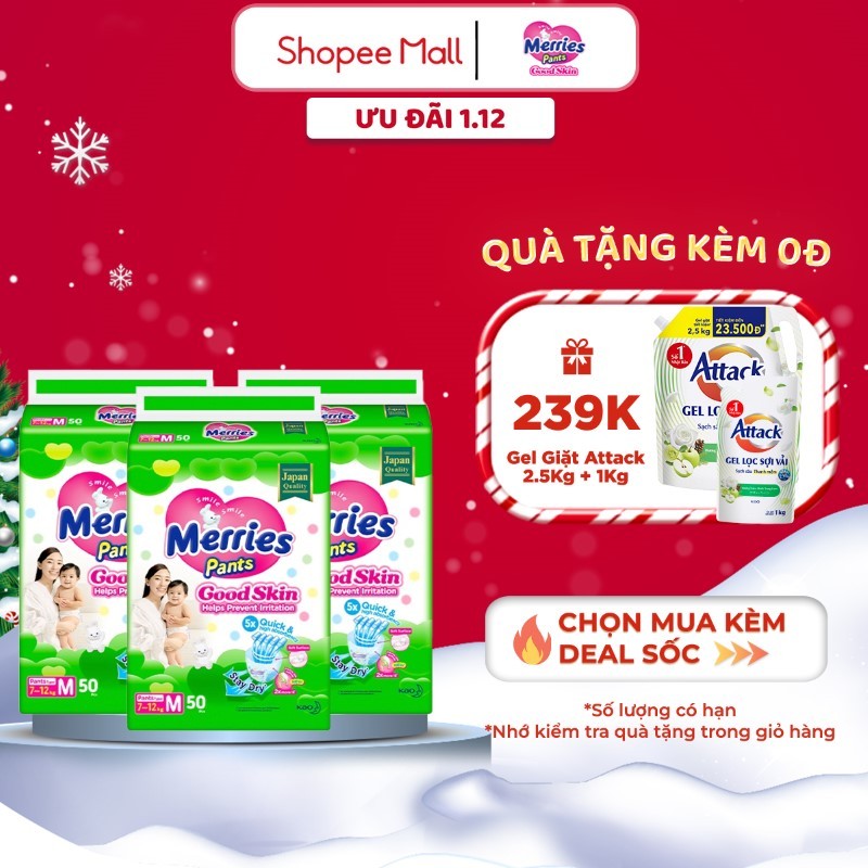 Combo 3 Tã quần Merries Goodskin đủ size M50/L44/XL38/XXL28