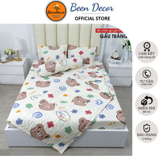 Bộ ga gối 5 món Cotton poly trần bông 3 lớp gồm 1 ga bo chun ,1 vỏ gối ôm ,1 chăn và 2 vỏ gối đầu-Mẫu Gấu Trắng