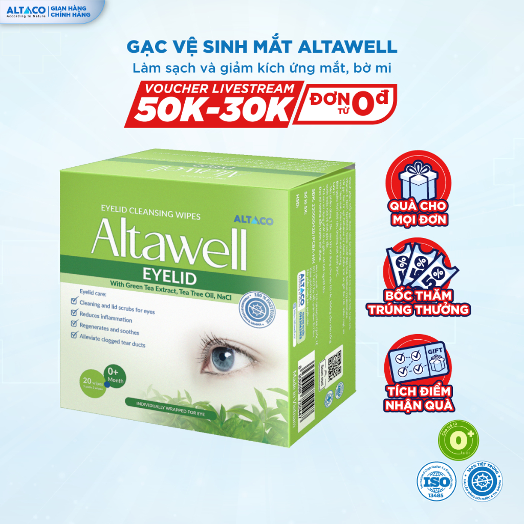 Gạc lau mi mắt Altawell Chiết Xuất Trà Xanh Tràm Trà Lô Hội Dùng Cho Viêm Bờ Mi Khô Mắt Tắc Tuyến Lệ (Hộp 20 Gạc 10 Gói)