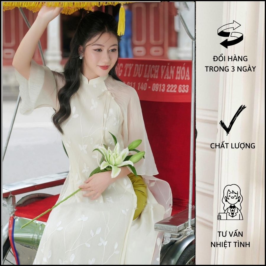 Set Áo Dài Voan Thêu Hoa Dáng Suôn Thanh Lịch Sang Trọng - M0831