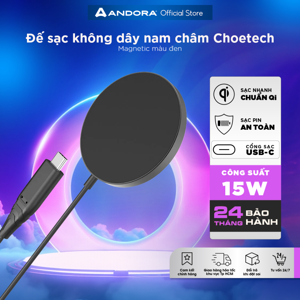 Đế sạc không dây nam châm màu đen CHOETECH Magnetic Wireless Charger Pad 15W - T518