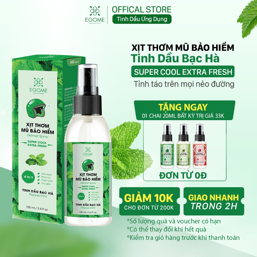 Xịt Thơm Mũ Bảo Hiểm Egome Tinh Dầu Bạc Hà làm sạch, khử mùi mũ bảo hiểm 100ml