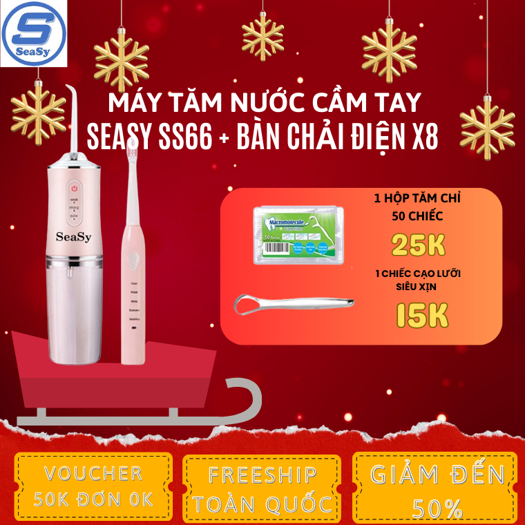 Combo Máy tăm nước cầm tay SeaSy SS66 + Bàn chải đánh răng điện SeaSy X8 Pro vệ sinh răng miệng