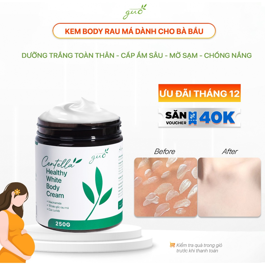 Kem Body Dưỡng Trắng Mịn Rau Má dành cho bà bầu, Nâng Tone Tức Thì, Mờ Sạm, Rạn - Centella Healthy White Body Cream GUO