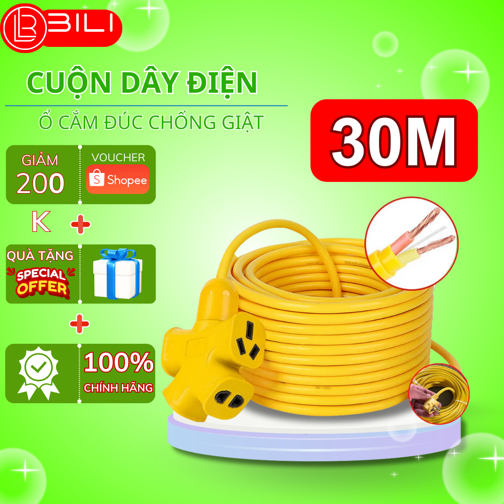 Cuộn Dây Điện Kèm Ổ Cắm 3 Đầu, Phích Cắm Đúc Chịu Lực Cao Đa Năng Tiện Lợi Dài 30M