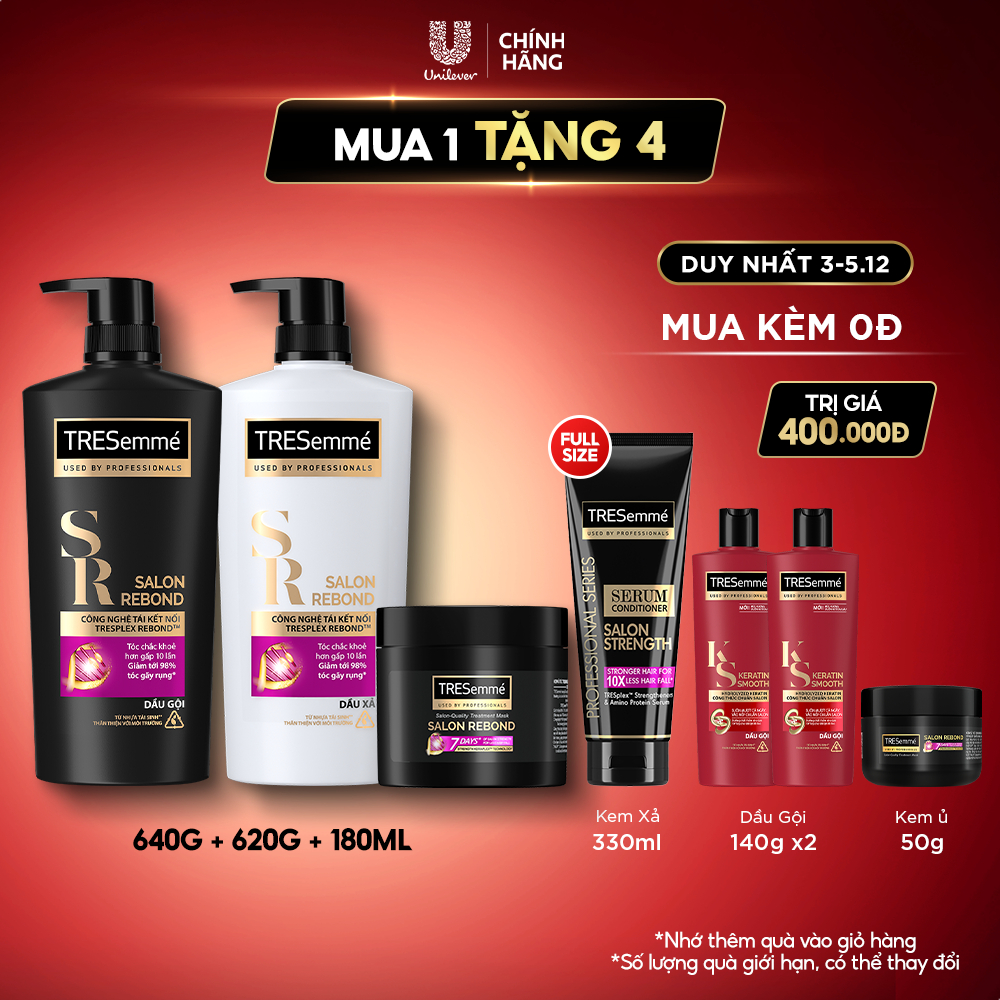 Combo Gội 640g, Xả 620g, Kem Ủ 180g TRESemmé Salon Rebond Cho Tóc Hư Tổn